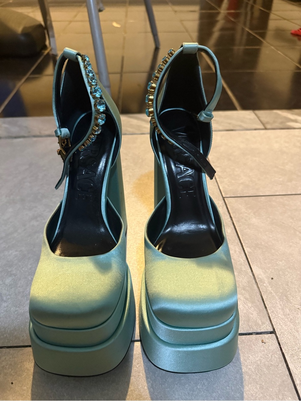 Versace Mint Green Satin Jeweled Ankle-Strap Platform Pumps